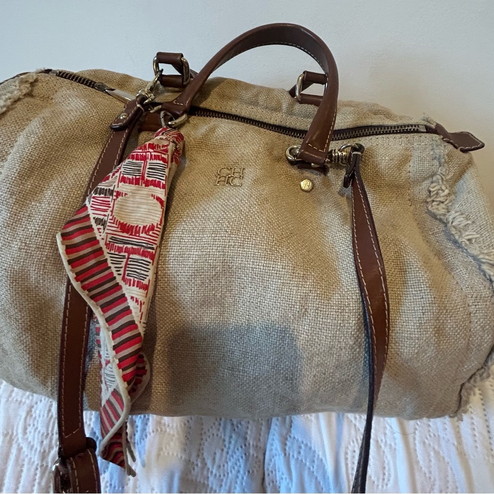 Carolina Herrera Tan and Brown Travel Bag with Leather Accents